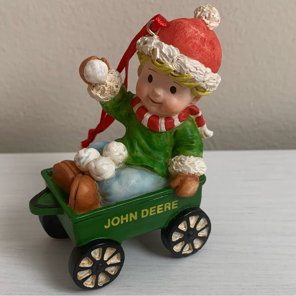 2000 John Deere Friends by Enesco Christmas Ornament Boy with Snowballs in Wagon